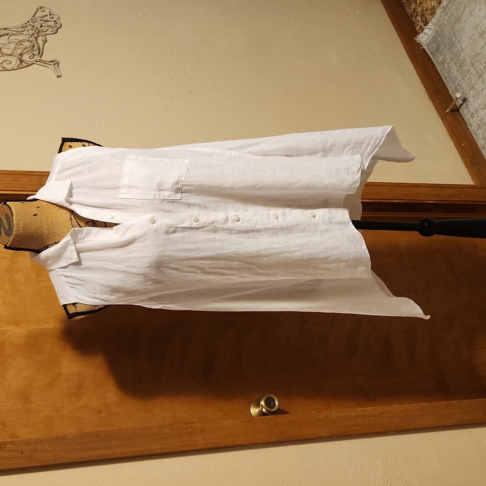 DKNY PURE White Linen/Cotton Sleeveless Front Button Down Tunic with Collor Sm